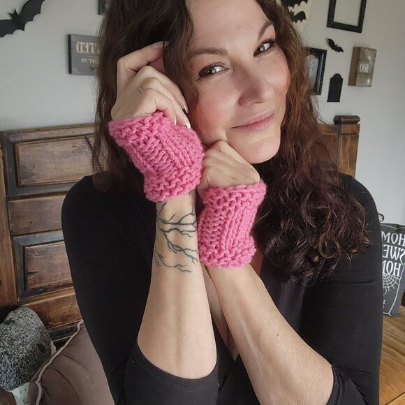 Hand Knit Fingerless Gloves, Armwarmers in Pink, One of a Kind - Picture 4 of 10